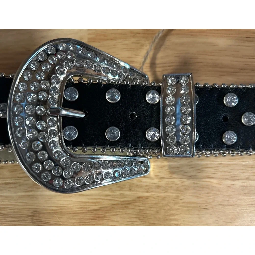 Womens Western Rhinestone Belt Black Silver Studded Bling Cowgirl  Medium‎ New